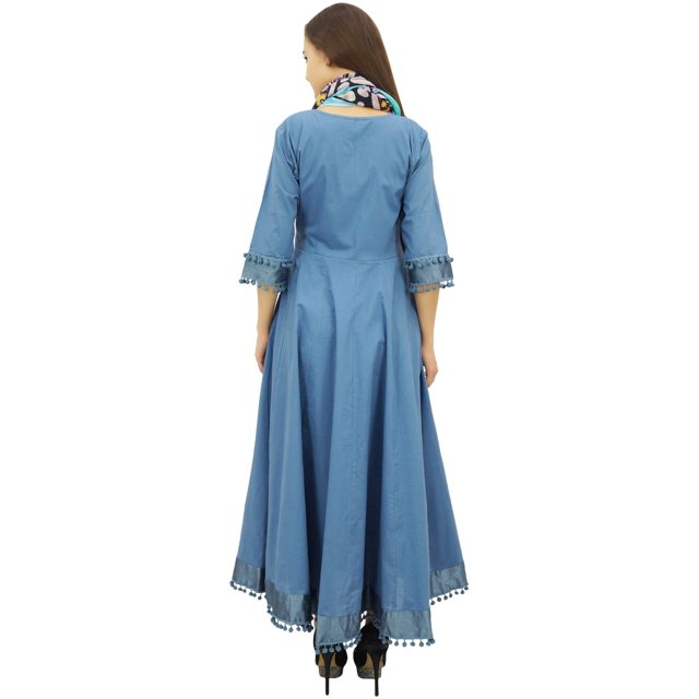 Bimba Robe Anarkali Classique Évasée en Coton Bleu avec Pompons et Foulard - 6