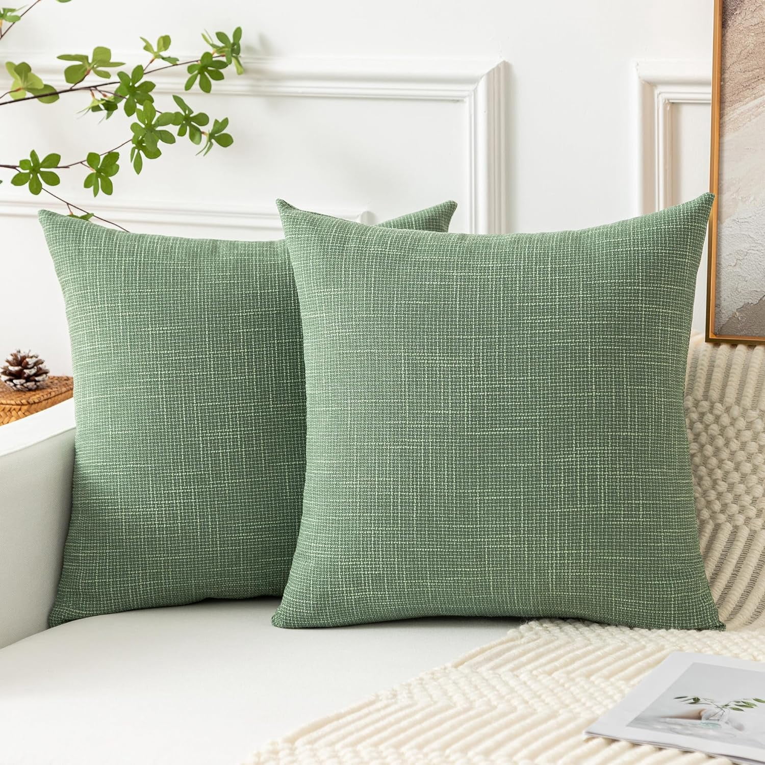 GHSDFBB Kevin Textile Set of 2 Sage Green Pillow Covers 20x20 Inch Farmhouse Boho Decorative Throw Pillow Covers Linen Cushion Covers for Sofa Couch Décor