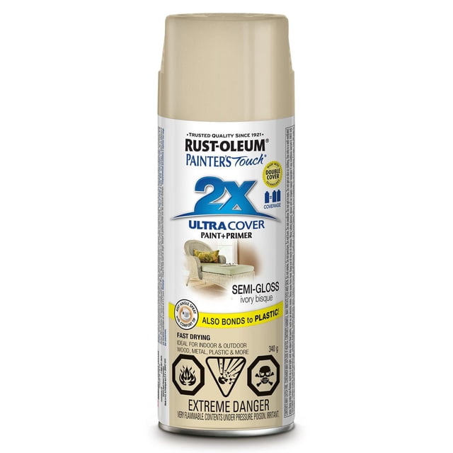 Rust-Oleum Painter's Touch Peinture en Aérosol Semi-Lustrée 2X à Couverture Ultra en bisque Ivoire, Boîte de 340 g avec Technologie à double Couverture pour une Couverture double, Formule à Séchage Rapide, Pointe en Aérosol à Tout Angle, Se Lie au Bois, au Métal, au Plastique, Convient à une Utilisation Intérieure et Extérieure avec Avertissements de Sécurité pour l'Inflammabilité et la Toxicité.