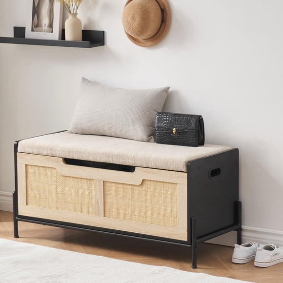 Banc Ottoman de Rangement en Rotin de 39,4 Po / Tabouret Repose-Pieds Style Ferme pour Salon et Chambre
