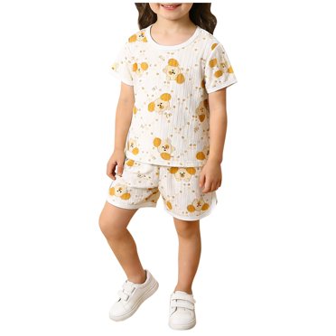 Wo-Fusoul Short Sleeve Shirt and Shorts Set for Boys and Girls, Round Neck, Button Front, Bear Print, Elastic Waist, 2-Piece Summer Pajama Set for Kids 6 Months To 8 Years