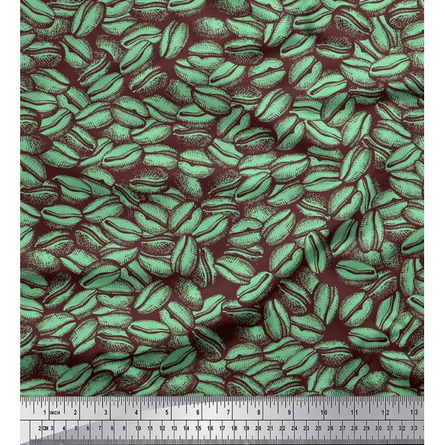 Soimoi Green polyester Crepe Fabric Coffee Beans Food Decor Fabric Printed Yard 52 Inch Wide