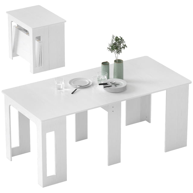 HOMCOM Table Pliante, Table à Manger Extensible Pouvant Accueillir jusqu'à 6 Personnes. une Table à Manger en Panneau de Particules Blanc Montrée Pliée comme une Table d'Appoint Compacte et Entièrement Étendue pour Assoir six Personnes. Idéale pour les Petits Espaces, Elle Présente des rails en Acier Lisses pour une extension Facile et des Panneaux Rangés sous la Table.