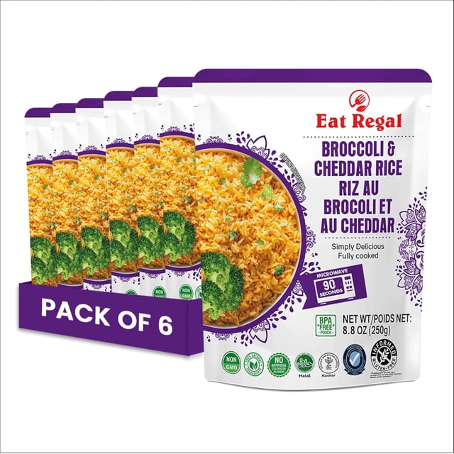 Eat Regal Fully Cooked Broccoli & Cheddar Flavored Rice, Ready-to-Eat, Shelf-Stable Microwave Rice Side Dish, 1.5 Minutes, 8.8 oz, pack of 6 — centered front-facing retail shot of six pouches with broccoli and cheddar artwork; microwaveable shelf-stable ready meal with 10g protein and 150mg calcium per pouch, ideal as a quick side or often used for pantry meal prep.