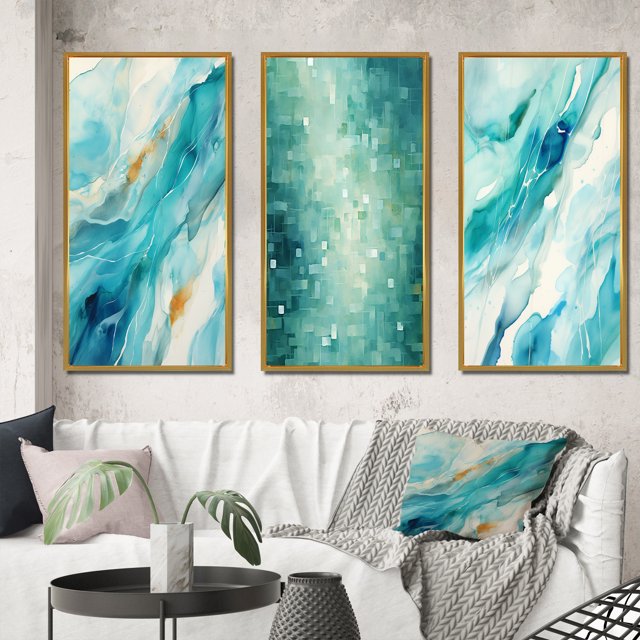 Designart "Turquoise Impressions Waves of Infinity VII" Abstract Painting Framed Wall Art Set Of 3 - Turquoise Modern Frame Gallery Set For Office Decor