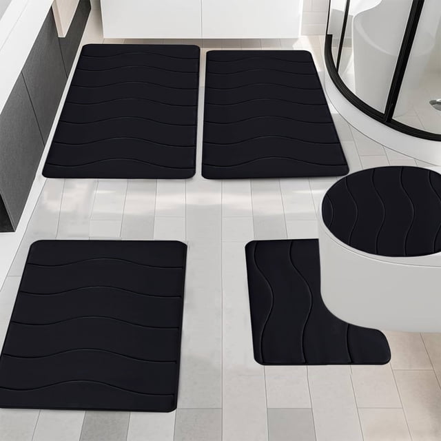 Fridja Bathroom Rugs 5 Piece - Absorbent Memory Foam Bath Mat for Bathroom, Non-Slip, Machine Washable, Dries Quickly, Bathroom Mat Set Black