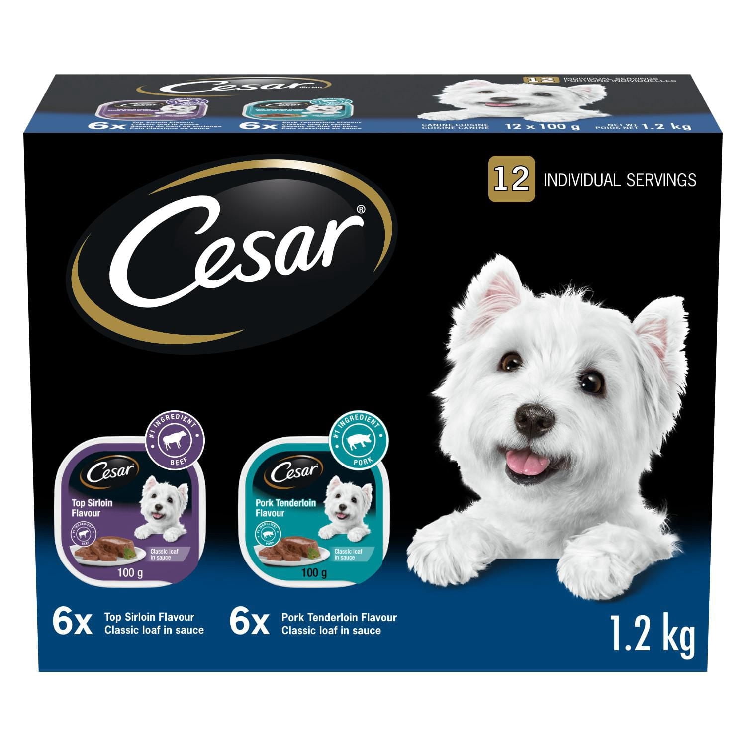 Cesar Adult Classic Loaf In Sauce Pork Tenderloin Flavour & Top Sirloin Flavour Variety Pack Soft Wet Dog Food 1.2kg