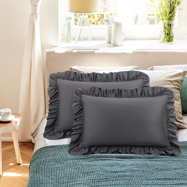 PiccoCasa 2 Pcs 100% Cotton Ruffled Pillowcases Soft with Envelope Dark Gray Queen