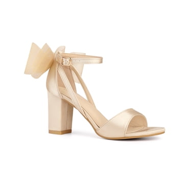 BLISSFUL STEP Halloween Women's Back to School Mesh Bow Heels Ankle Strap Open Toe Block Heel Sandals Champagne 8.5