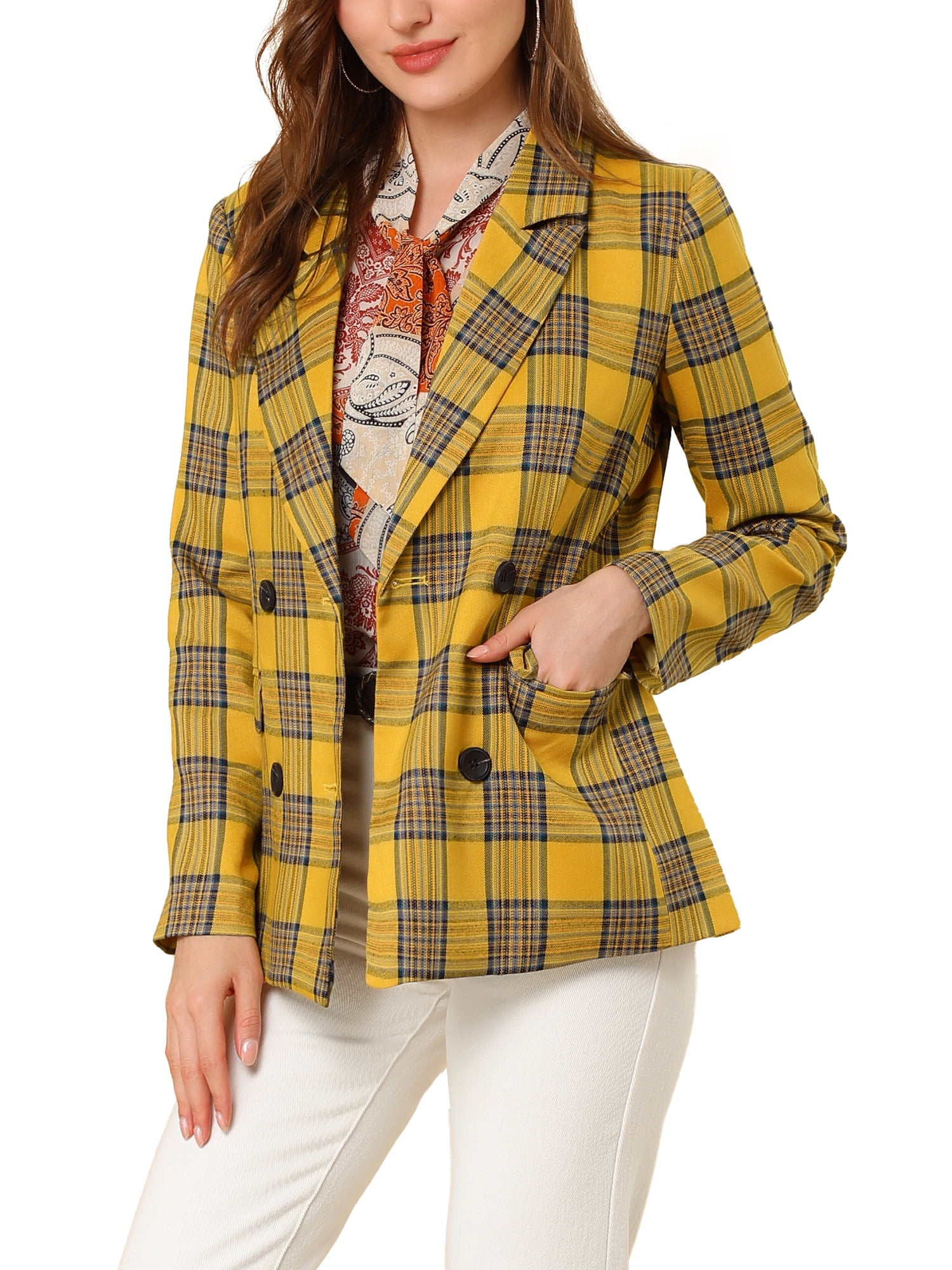 INSPIRE CHIC Women's Jacket Notched Lapel Double Breasted Padded Shoulder Blazer XL Yellow