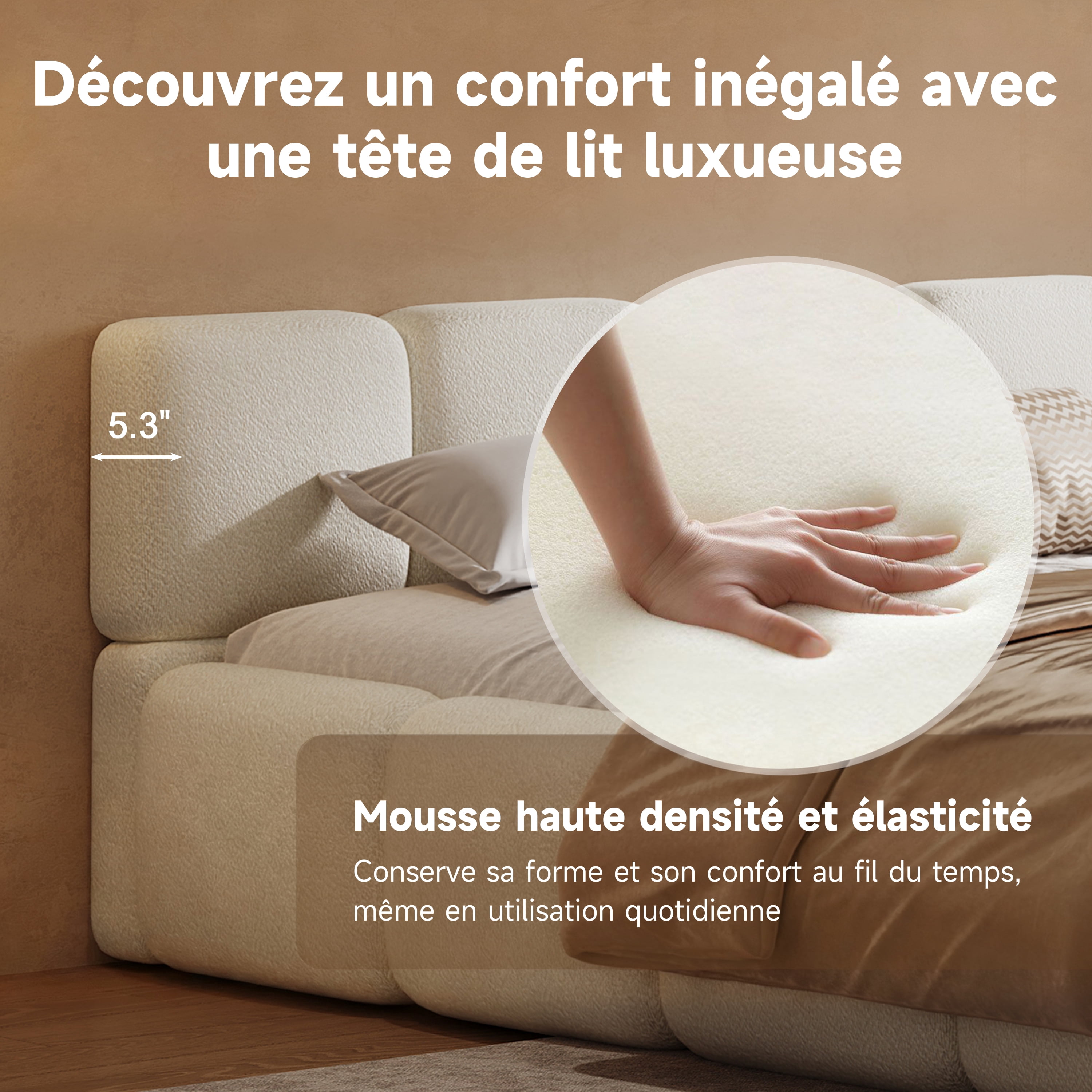 Lit plateforme Noble House King en boucle, tête et pied de lit épais, blanc