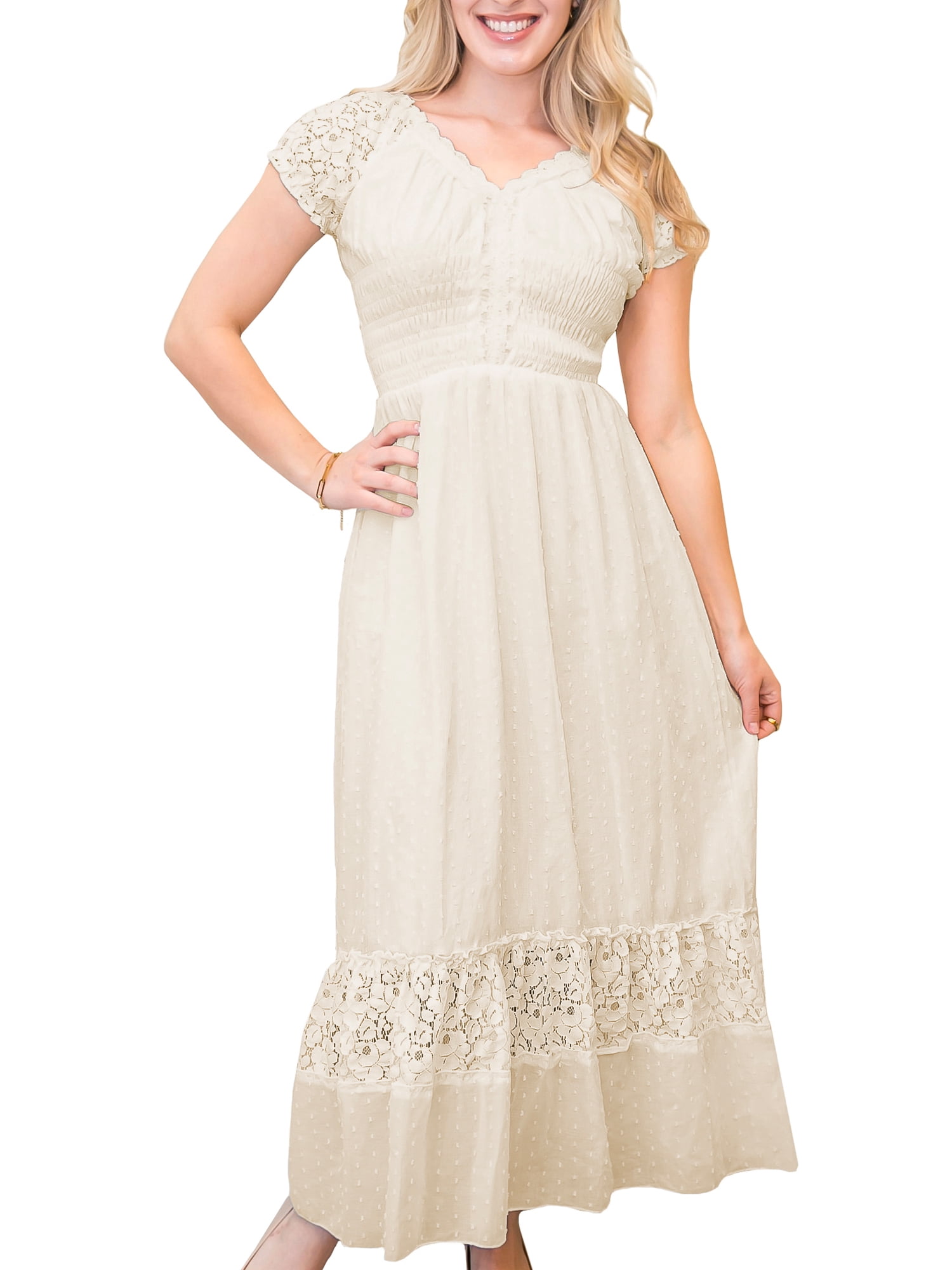 Women Renaissance Peasant Maiden Boho Inspired Cap Sleeve Lace Trim Maxi Dress, Beige, Small