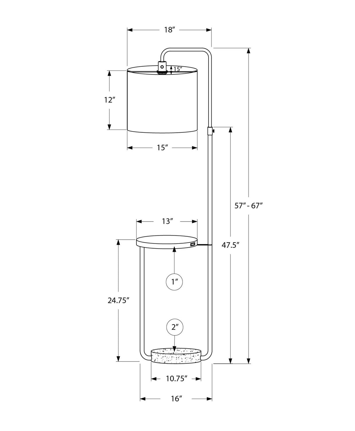 Monarch Specialties  Luminaire, 67"h, Lampadaire, Port Usb Inclus, Métal Noir, Abat-jour Ivoire / Crème, Contemporain
