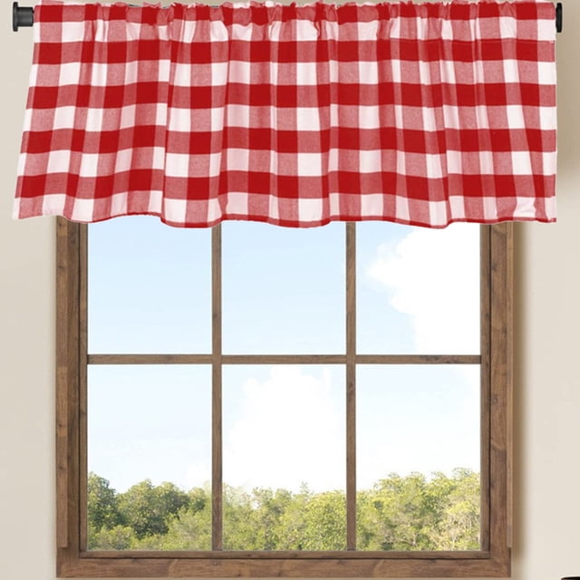 Blackout Curtains, Ink White Red Lattice Window Valance Cottage Layout Curtain Decoration Curtain Rod Pocket Valance for Kitchen/Living Room 15 X 55 In