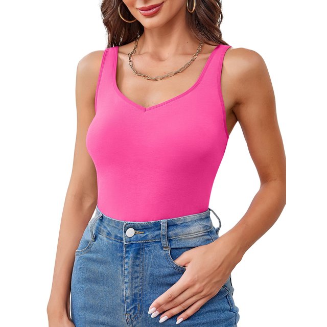 Charmo Débardeurs en Coton pour Femmes à Col en V, Bretelles Plus Larges et Ajustables, Camisole avec Soutien-Gorge