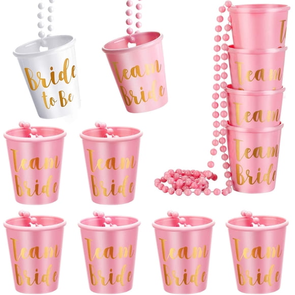 12 Pieces Bride Plastic Beaded Bridal Shot Glass Necklace Gold Foil for Bachelorette Party Bridal Party Necklaces (White, Light Pink)