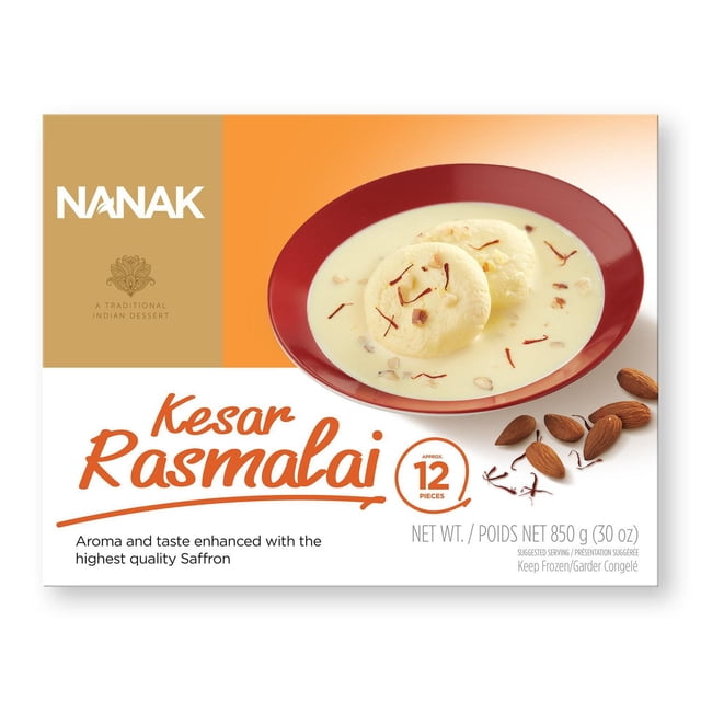 Nanak Kesar Rasmalai frozen Indian dessert with two soft, spongy cheese patties soaked in creamy saffron milk sauce on a red plate, garnished with saffron strands and almonds, packaged as 12 pieces totaling 850 g (30 oz), best served chilled after thawing.