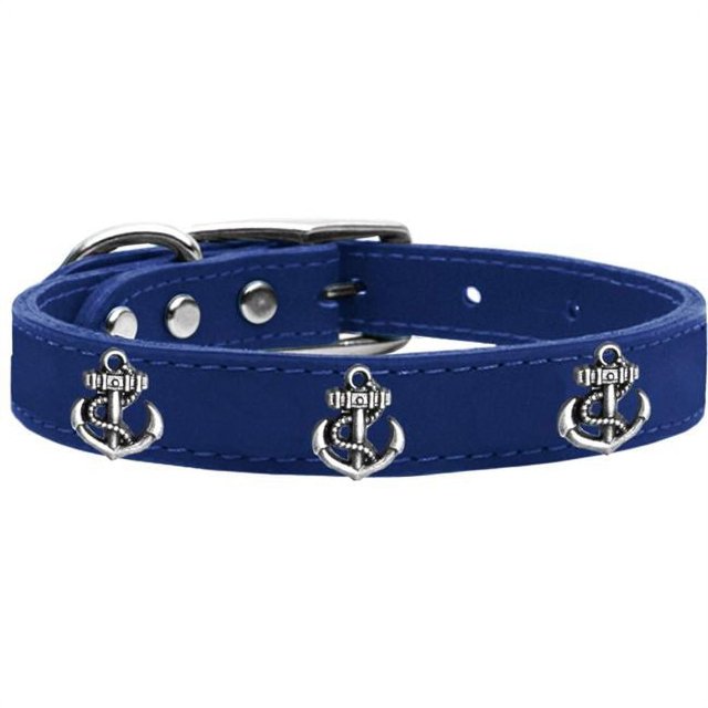 Silver Anchor Widget Genuine Leather Dog Collar Blue 26