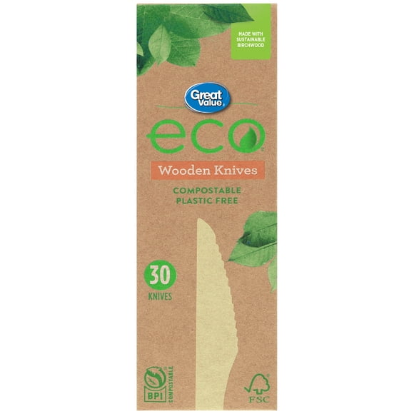 Great Value Eco Compostable Wooden Knives, 30 Pieces