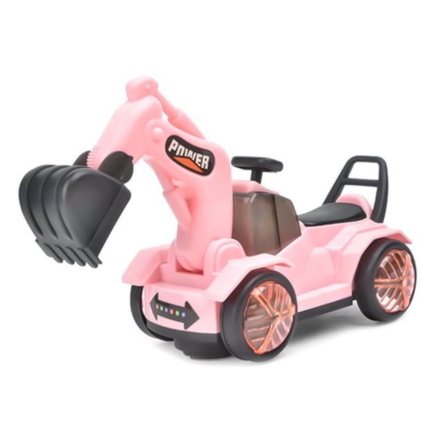 Construction Vehicle Toy Plastic Color Changing Excavator Toy Car Toy for Kids in a pink finish. The toy features a detachable design, multicolor lighting, sound effects, and electric crawling and steering functions. Made of plastic, it measures 26 x 10 x 19 cm (10.24 x 3.94 x 7.48 in) and is powered by 3 AA batteries (not included).