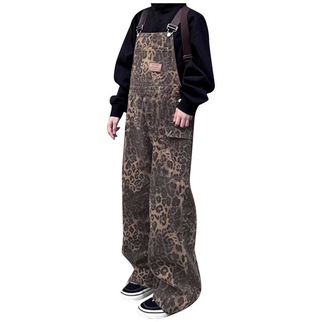 Kcodviy Combinaison Rétro de Style Urbain pour Femme, Imprimé Léopard, Salopette à Poches, Combinaison Sans Bretelles pour Femmes, Coupe Ample Décontractée, Col Roulé Grand pour Femme, Manches Longues, Pantalon à Jambe pour le Printemps/l'automne