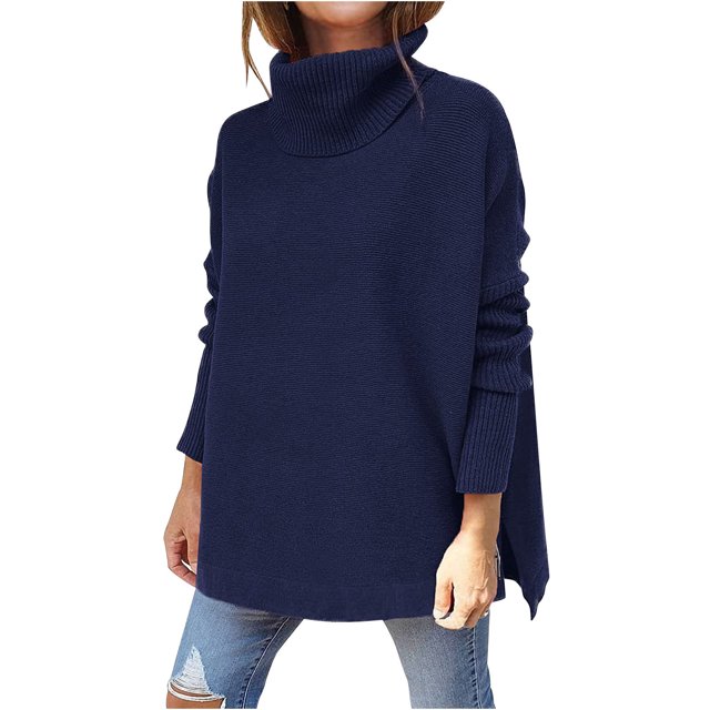 Women Fashion Casual Solid Color Split fork Knitted Sweater Long Sleeve Turtleneck Tops