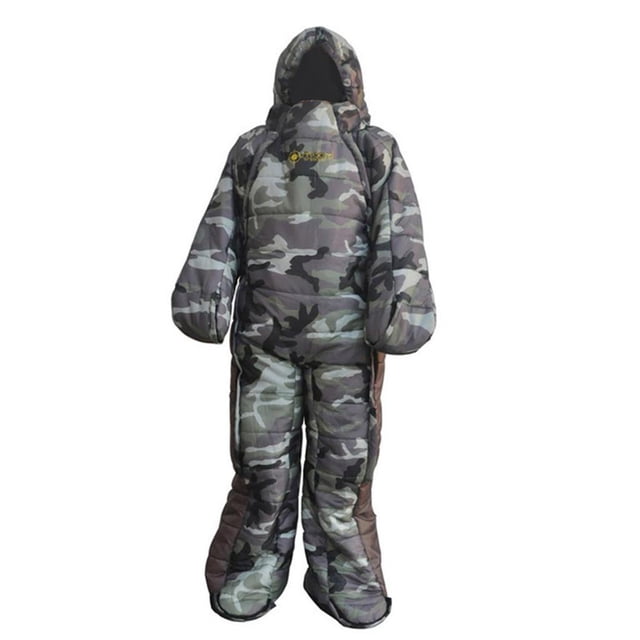 Adult Full Body Wearable Sleeping Bag with zips and Off for Outdoor Camping XL. This multicolour sleeping bag features a camouflage pattern and a full-body design with zip-off booties and zipper sleeves for hands and legs, allowing mobility while staying warm. Made from polyester fiber and cotton, it is soft, warm, and durable, suitable for outdoor camping, sleepovers, and other situations. The XL size accommodates individuals 170-190 cm (66.9-74.8 inches) tall.