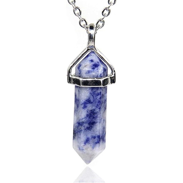 Angelstones Pendentif Collier Reiki Chakra Hexagonal à Pointe Pointue en Jaspe à Tache Bleue 20 Pouces
