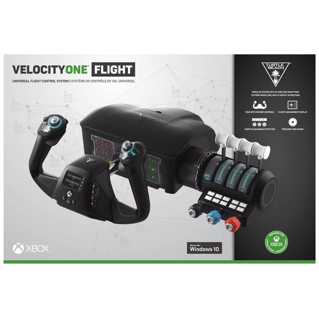 Turtle Beach® Velocity One™ Système de Contrôle Universel de Vol pour Xbox Series X/S et Xbox One / Windows avec un Manège de Vol Modulaire Noir Offrant une rotation à 180° et des Commandes de Gouvernail Intégrées, un Affichage de Gestion de Vol Numérique, et un quadrant d'Accélérateur avec Trois Levier de Poignée Blancs et Plusieurs Boutons, Conçu pour une simulation de Vol immersive et Précise sur Xbox et Windows 10.