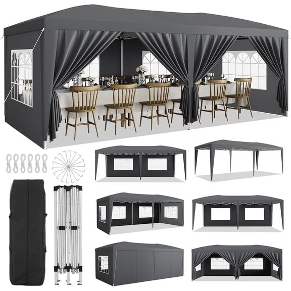 Tente Pliante Robuste 10 X 20 Pi avec 6 Parois Latérales Amovibles, Hauteur Réglable, Tente Commerciale Extérieure pour Fêtes et Événements, Gris