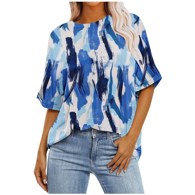 Pisexur Hauts d'Été pour Femmes Mode Décontractée Manches Courtes Col Rond T-Shirts Confortables Amples Surdimensionnés Imprimé Floral Blouses Hauts Mode T-Shirts Imprimés Graphiques Grande Taille Tops de Sortie S-5TG
