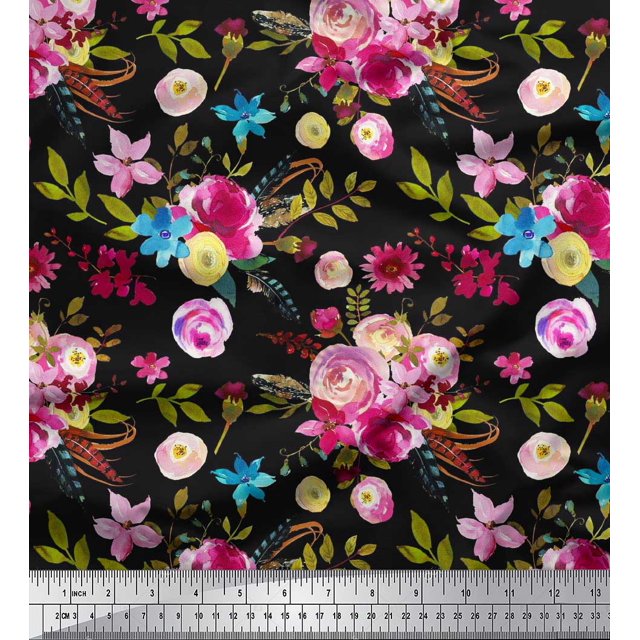 Soimoi Black Poly Georgette Fabric Feather,Leaves & Ranunculus Floral Print Fabric by Yard 52 Inch Wide