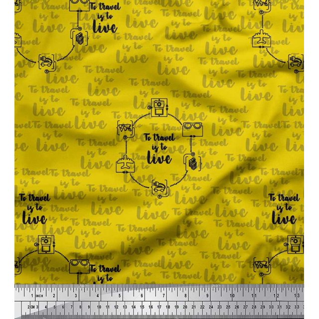 Soimoi Yellow Moss Georgette Fabric To Travel Is To Live Text Print Fabric by Yard 42 Inch Wide