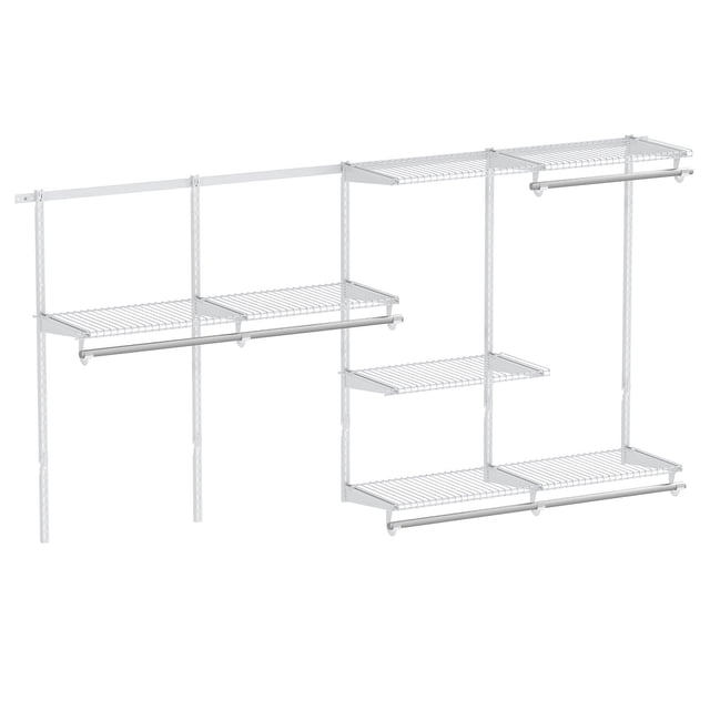 Costway 4-8 FT Wall-Mounted Closet Organizers and Storage System with Hanging Rod, designed for closets between 4-8 FT wide. Features a durable white powder-coated metal frame with 7 adjustable wire shelves and 5 hanging rods, offering 12.5 FT of hanging space and 18 FT of shelf space. Includes triangular supports for stability and customizable assembly, ideal for closet storage in bedrooms or laundry rooms.