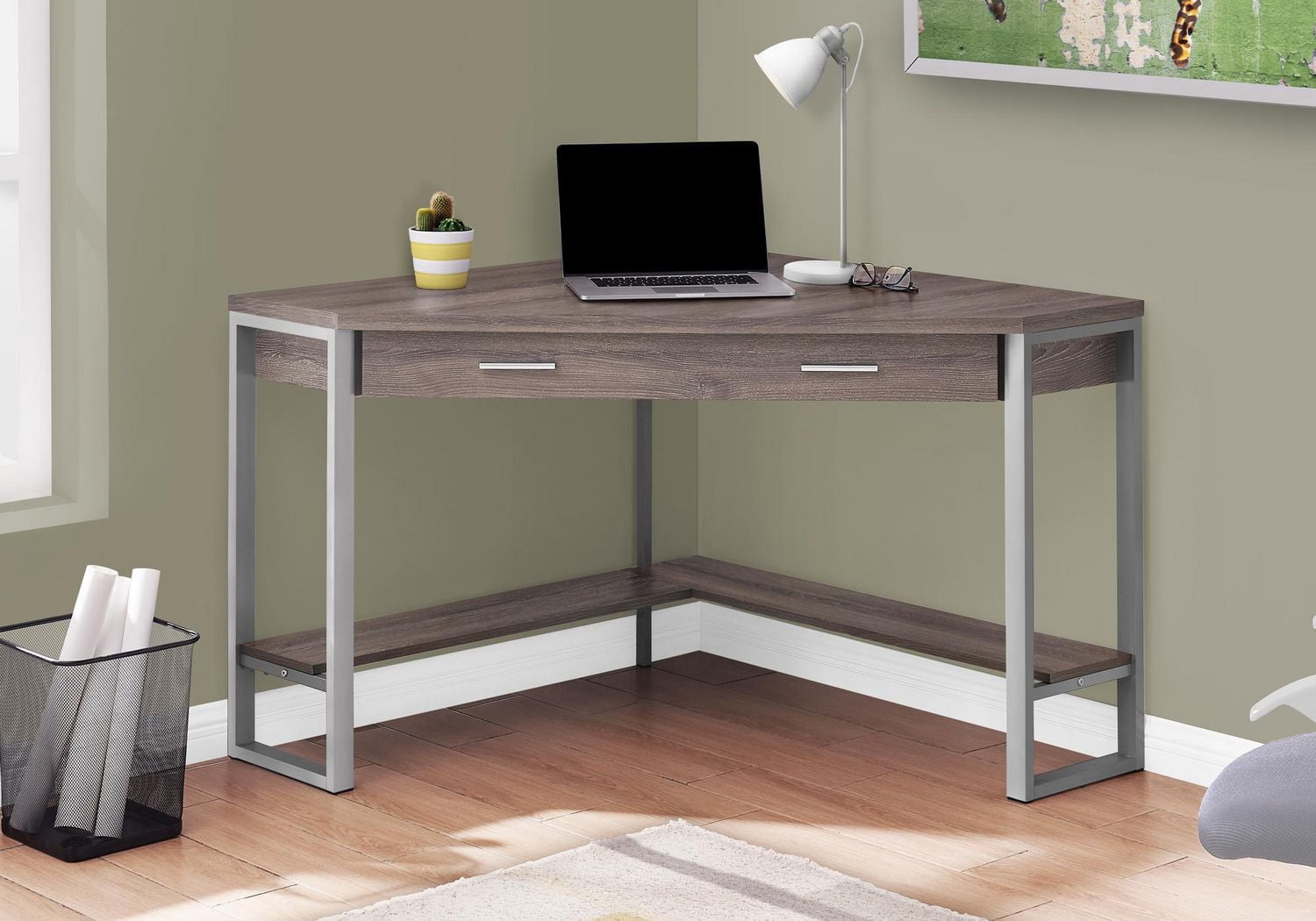 Monarch Specialties Bureau, Bureau À Domicile, Coin, Tiroirs De Rangement, 42"l, Travail, Ordinateur Portable, Métal, Stratifié, Brun, Gris, Contemporain, Moderne