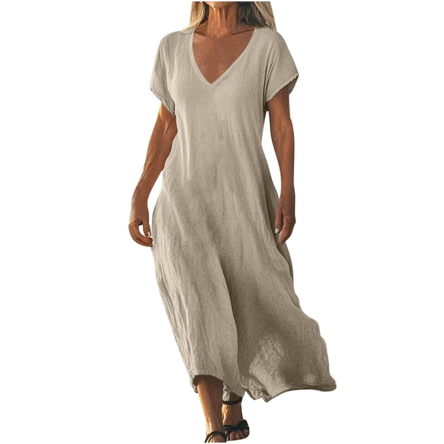 UPPADA Robe d'Été pour Femme Grande Taille en Coton et Lin, Robe Maxi Fluide à Manches Courtes, Robe Décontractée Style Sundress à Col en V, Taille Portefeuille, Robes Fluides de Plage, Robe d'Été Grande Taille Kaki, P