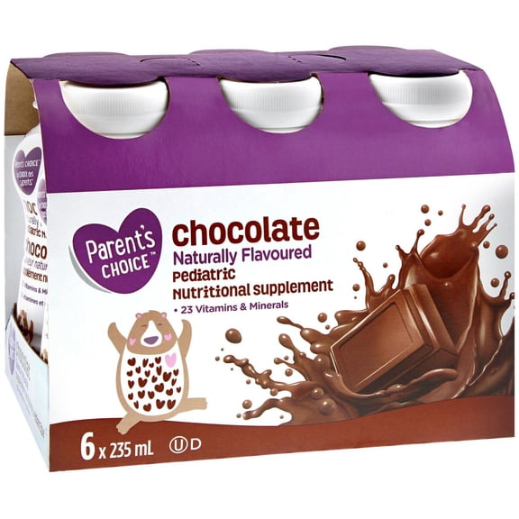 Parent's Choice Supplément Nutritionnel Pédiatrique Aromatisé Naturellement au Chocolat, 6x235mL Boissons en Bouteille Prêtes à Boire