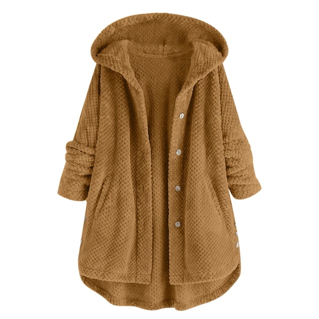 Kcodviy Women's Solid Color Casual Plus Size Lightweight Fleece Jacket Zipper Hooded Long Coat Oversized Fleece Jacket