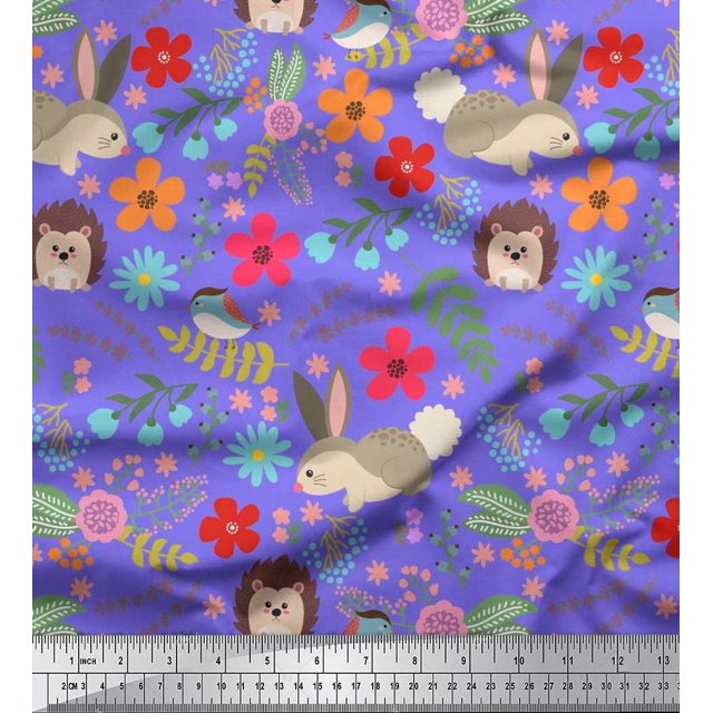 Soimoi Tissu en Voile de Coton à Motifs Floraux, Imprimés de Dessins Animés Rabbit & Porcupine au Mètre, 56 Pouces de Large
