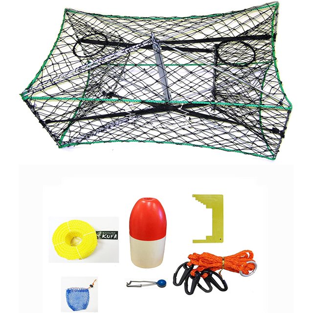 KUFA Galvanized foldable Crab Trap & accessory kit (100' Poly Rope with line weight,Clipper,Harness,Bait Bag & 11" Float) S33+CAP1