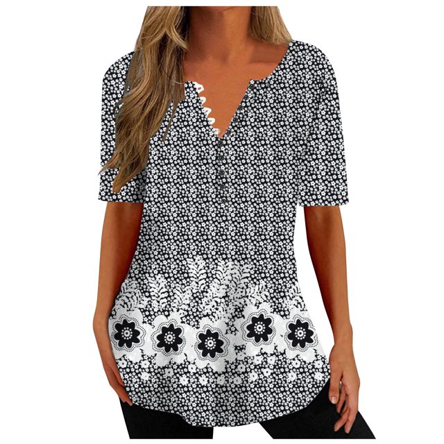 Penkiiy Blouse Décontractée d'Été à Col en V Imprimée pour Femmes, Manches Courtes, Boutons, 2TG Bleu Foncé