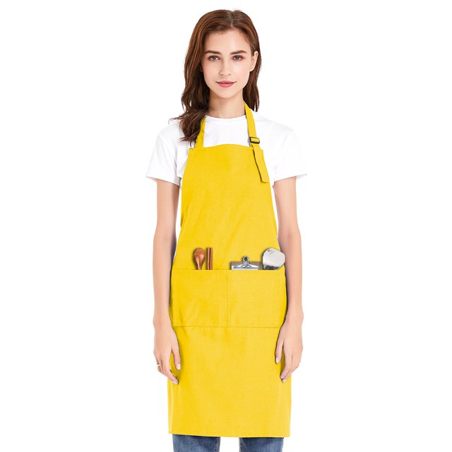 (Price/each)Opromo Unisex Cotton Canvas Adjustable Chef Kitchen Aprons with 2 Pockets-Yellow-L