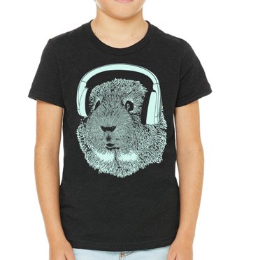 Kids Guinea Pig Wearing Headphones Tshirt, Youth Animal Graphic Clothing