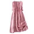 thumbnail image 2 of EGNMCR Robes de Fête pour Femmes Robe Rétro pour Femmes en Coton et Lin à Col Rond à Double Couche avec Laçage, Taille Resserrée, Robe de Voyage pour les Fêtes, 2 of 7