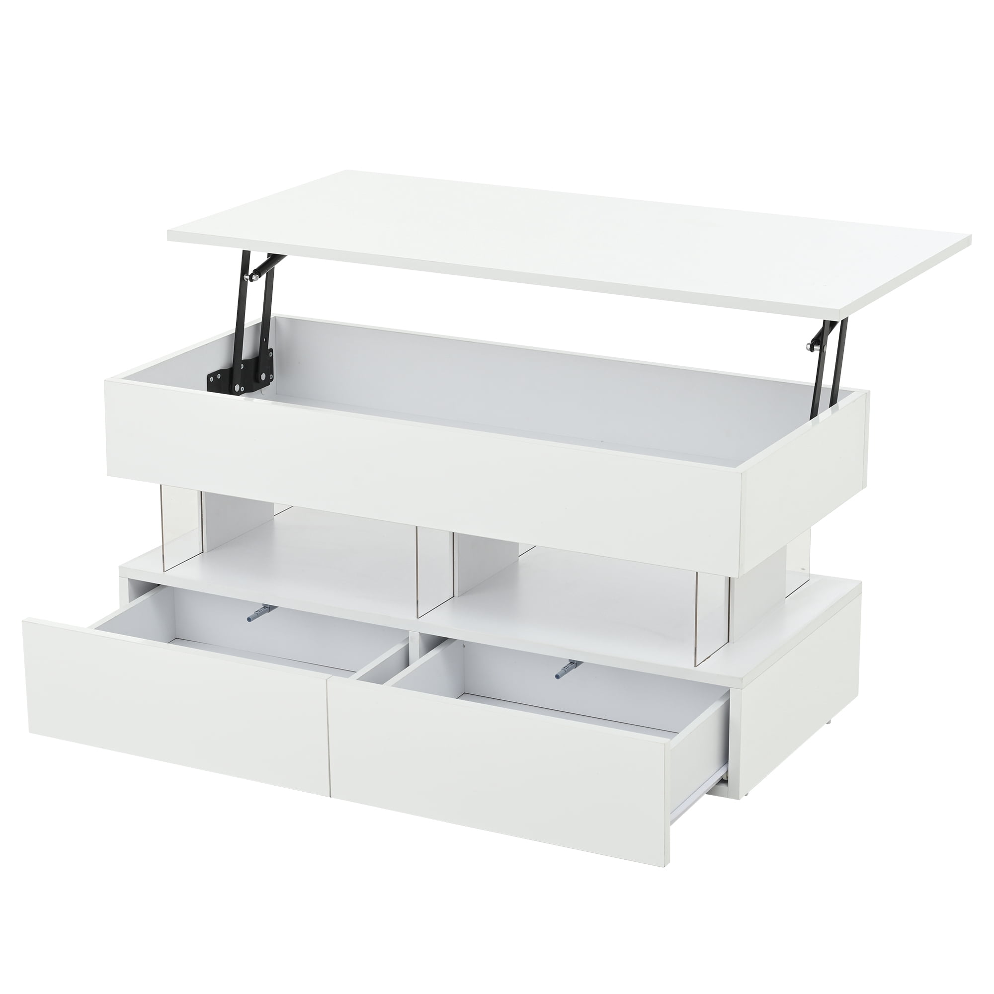 Homy Casa Table Basse Relevable avec 2 Tabourets, Rangement Blanc Brillant DEL