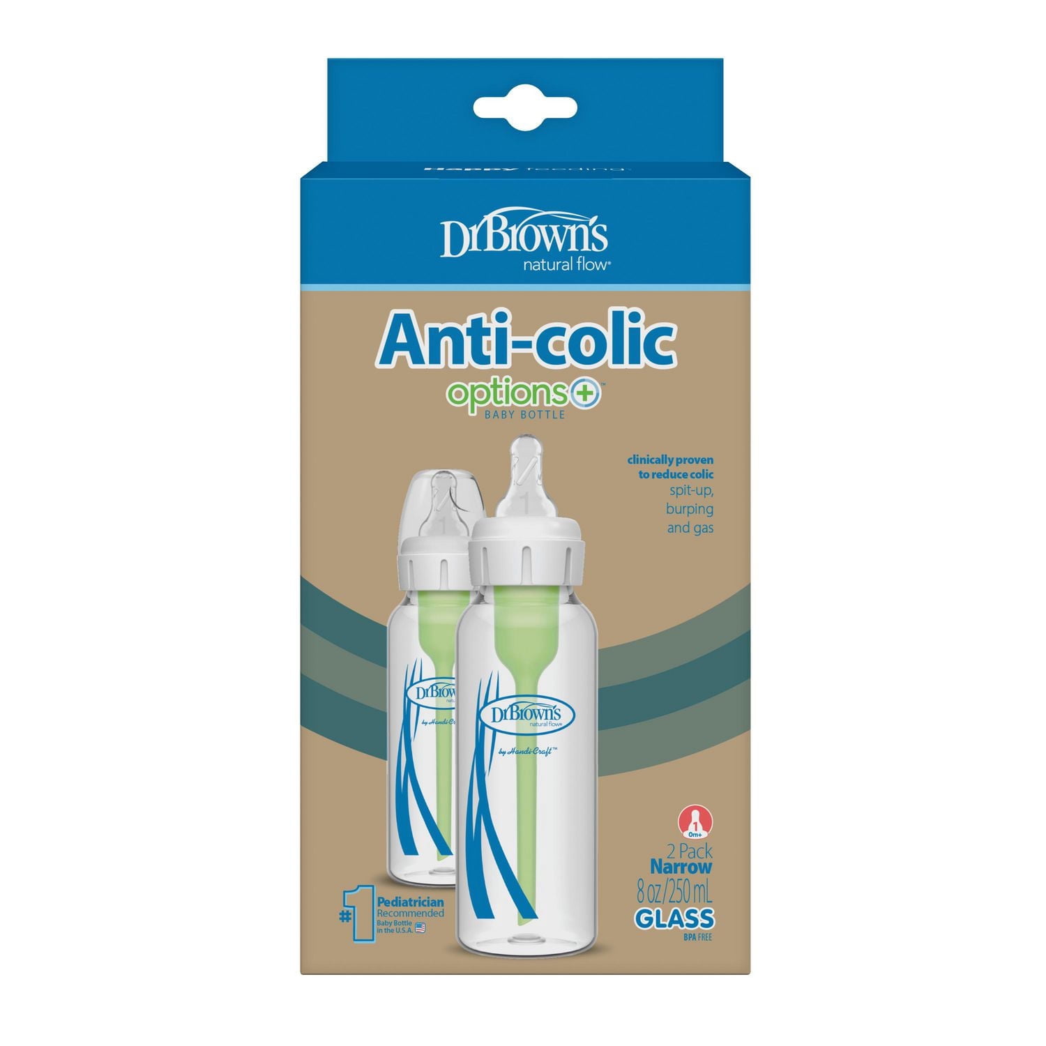Dr. Brown's Natural Flow Anti-Colic Options+ Narrow Glass Baby Bottles with Level 1 Slow Flow Nipple, 0m+, 2 x 8oz Glass Bottles