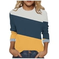 thumbnail image 1 of Mevxay Hauts d'Automne Grande Taille pour Femmes Manches 3/4 Tunique à Blocs de Couleur T-Shirts Décontractés Amples Col Rond Blouses Tendance Bleu Marine 3TG, 1 of 6