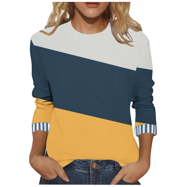 Mevxay Hauts d'Automne Grande Taille pour Femmes Manches 3/4 Tunique à Blocs de Couleur T-Shirts Décontractés Amples Col Rond Blouses Tendance Bleu Marine 3TG