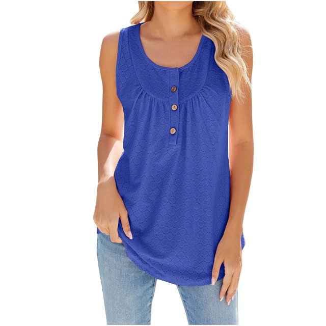 Timegard Womens Tank Tops Round Neck Button Ruched Eyelet Sleeveless Top Casual Tunic Top for Leggings
