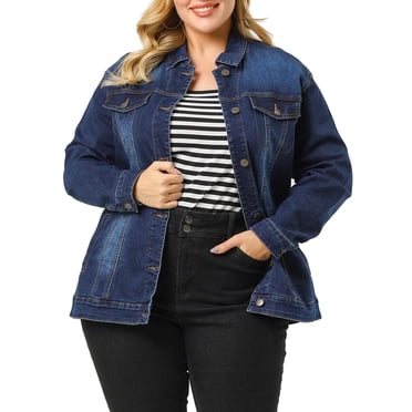 Agnes Orinda Women's Plus Size Jean Jacket Stitching Button Washed Denim Outerwear Coat 3X Dark Blue